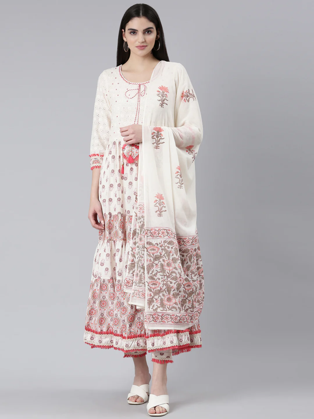 Neerus Orange Pleated Flared Printed Kurta And Trousers With Dupatta