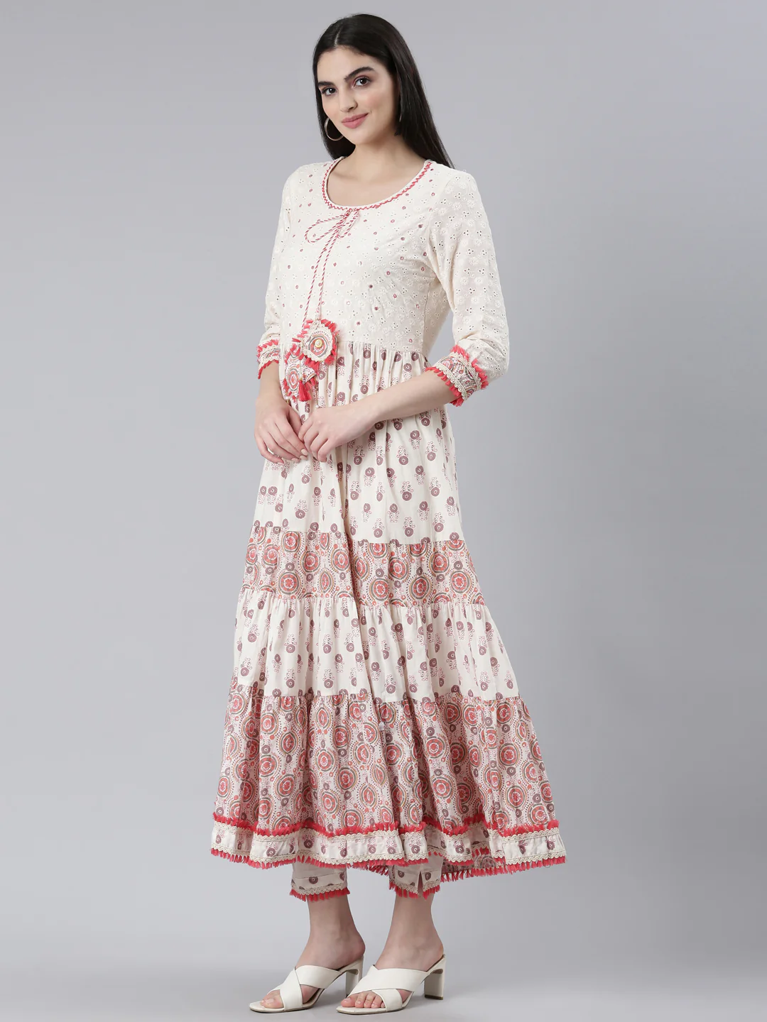 Neerus Orange Pleated Flared Printed Kurta And Trousers With Dupatta - Image 2