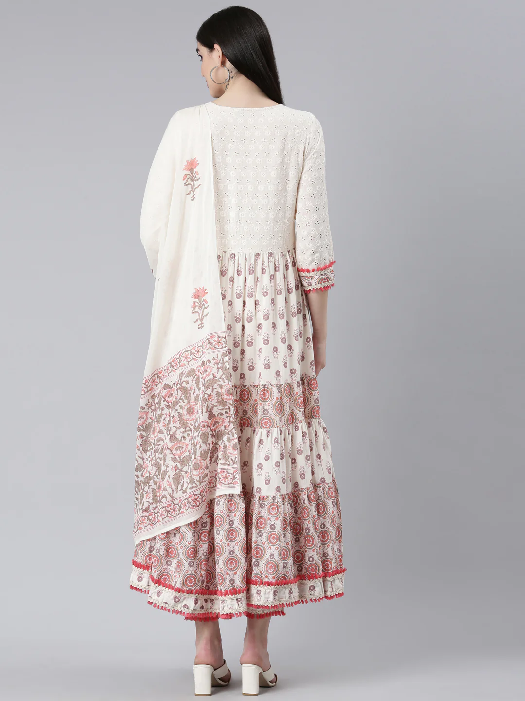Neerus Orange Pleated Flared Printed Kurta And Trousers With Dupatta - Image 3