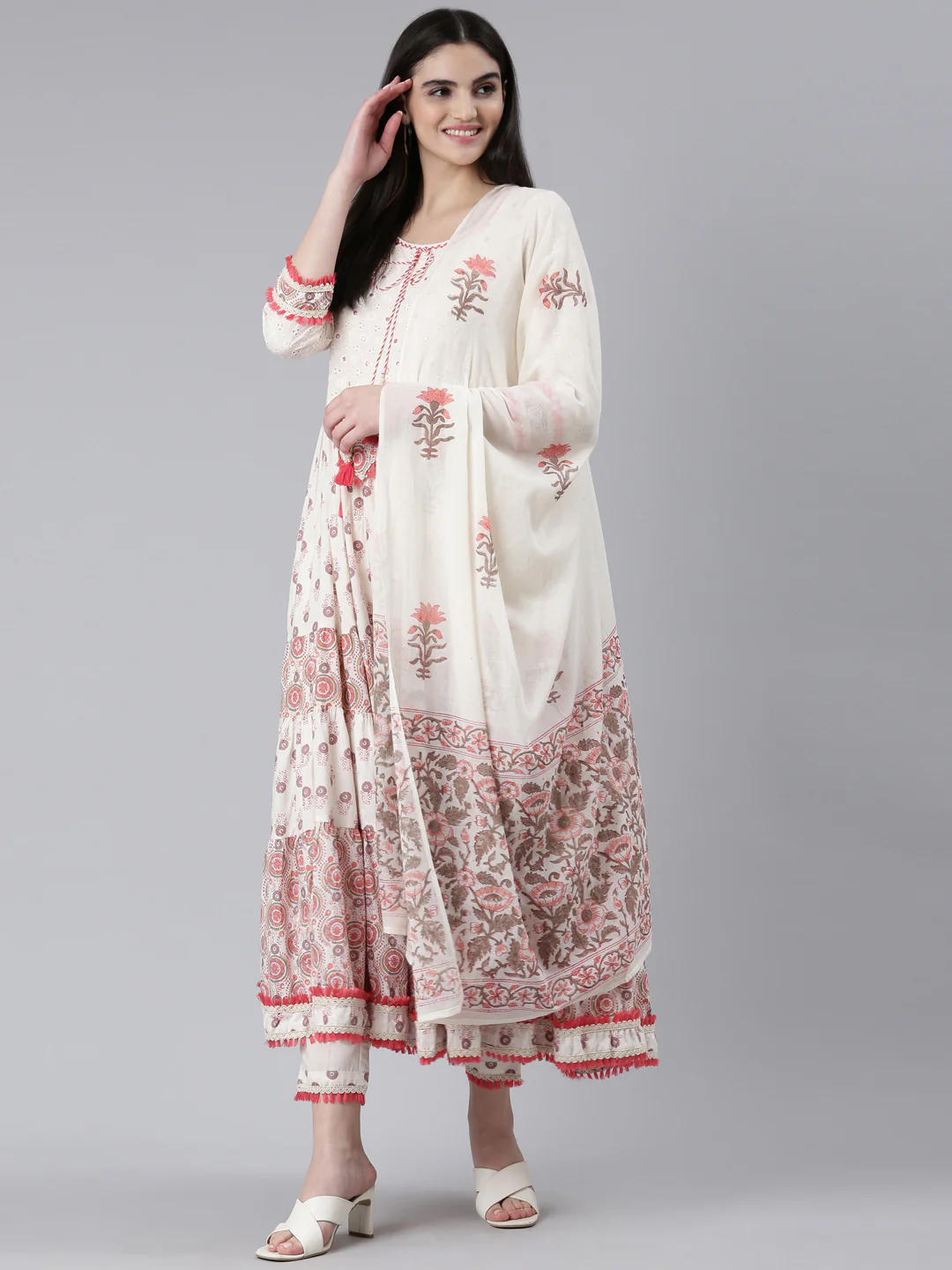 Neerus Orange Pleated Flared Printed Kurta And Trousers With Dupatta - Image 5