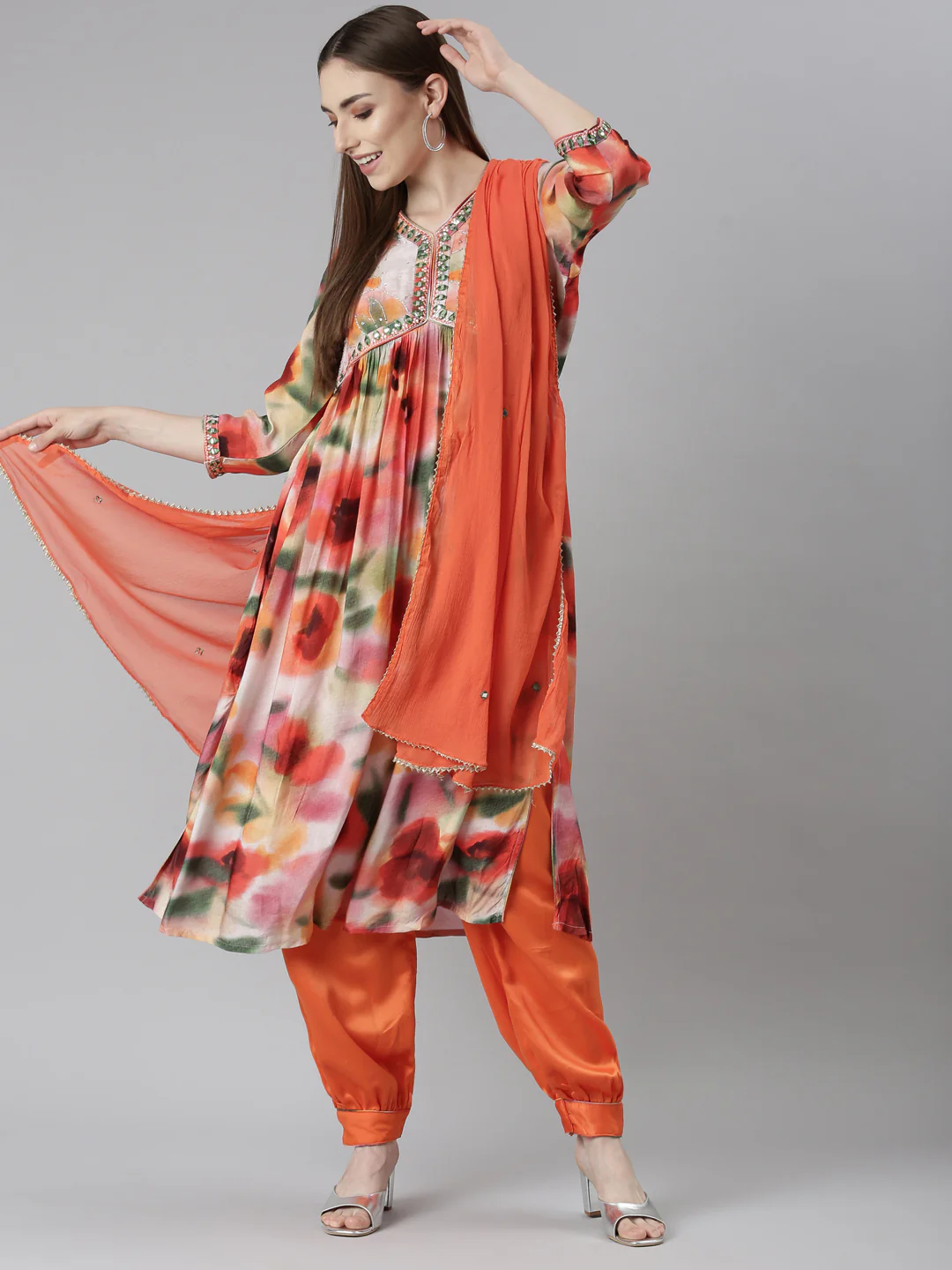 Neerus Orange Pleated Straight Floral Kurta And Salwar With Dupatta - Image 5