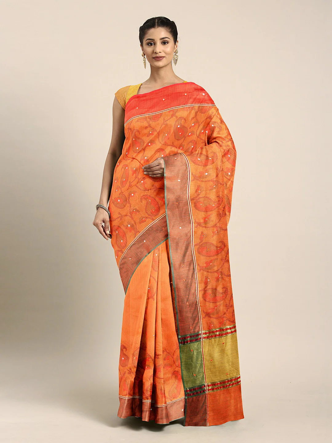 Neerus Orange Printed Saree With Blouse