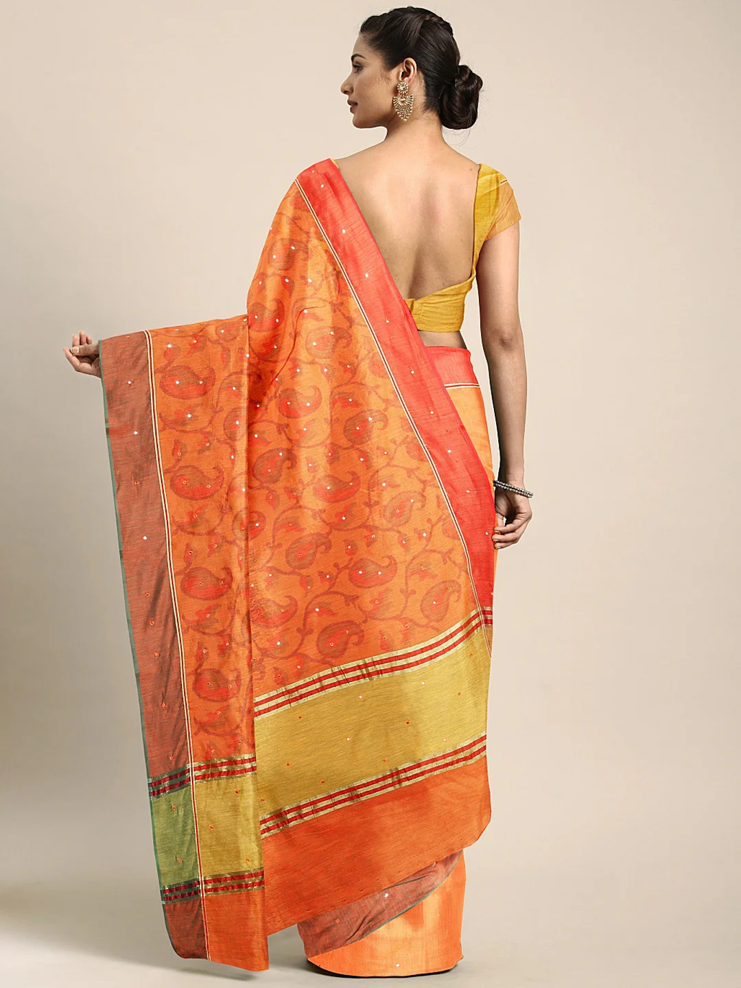 Neerus Orange Printed Saree With Blouse - Image 2