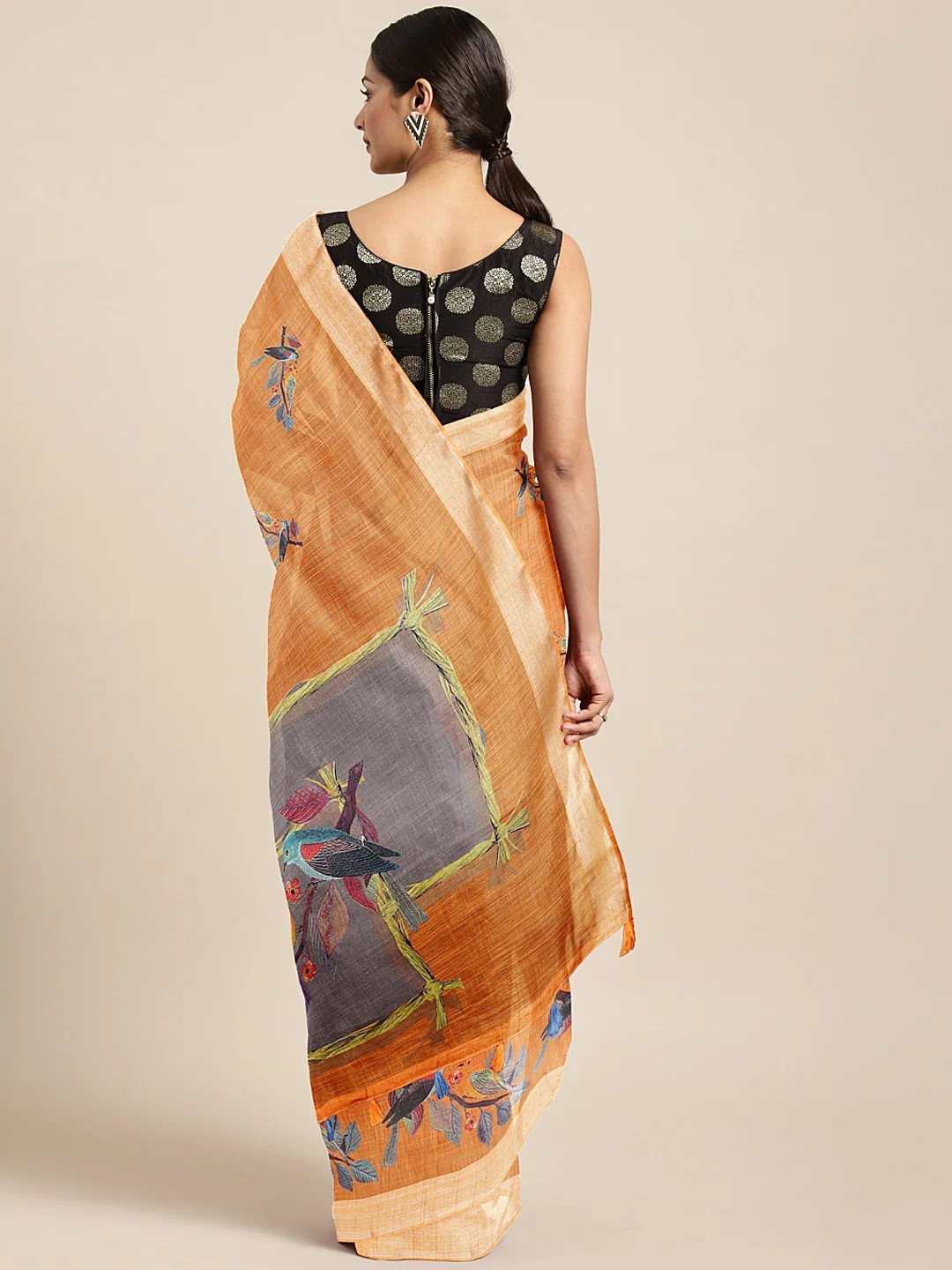 Neerus Orange Printed Saree With Blouse - Image 2