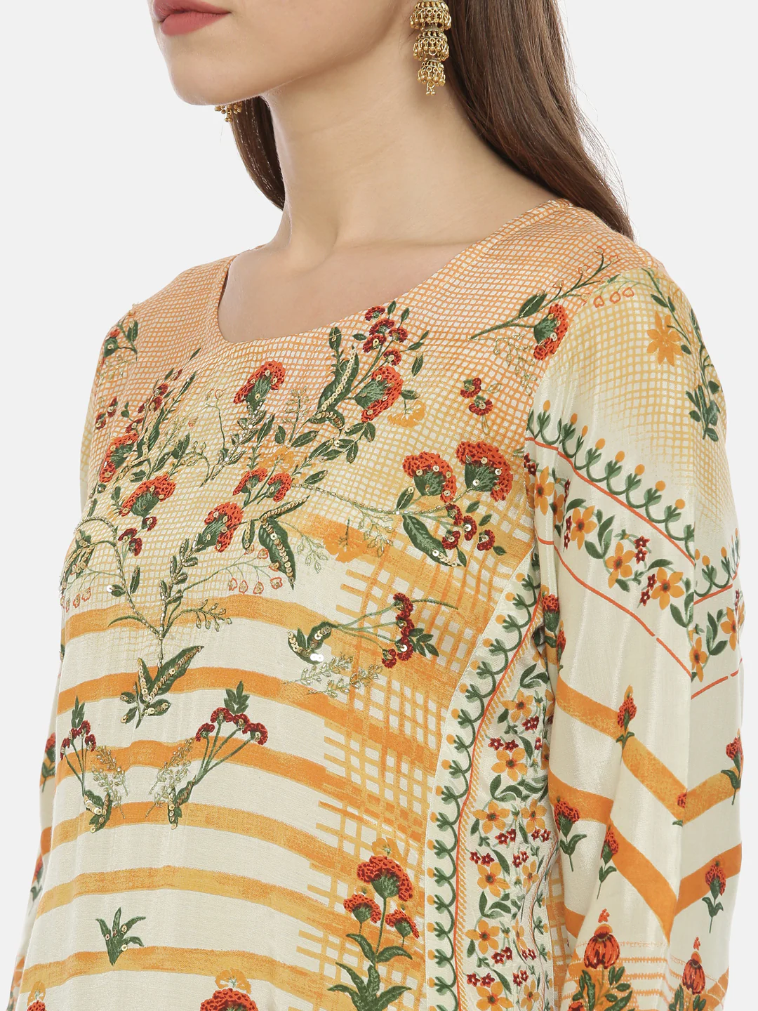 Neerus Orange Printed Straight Kurta - Image 2
