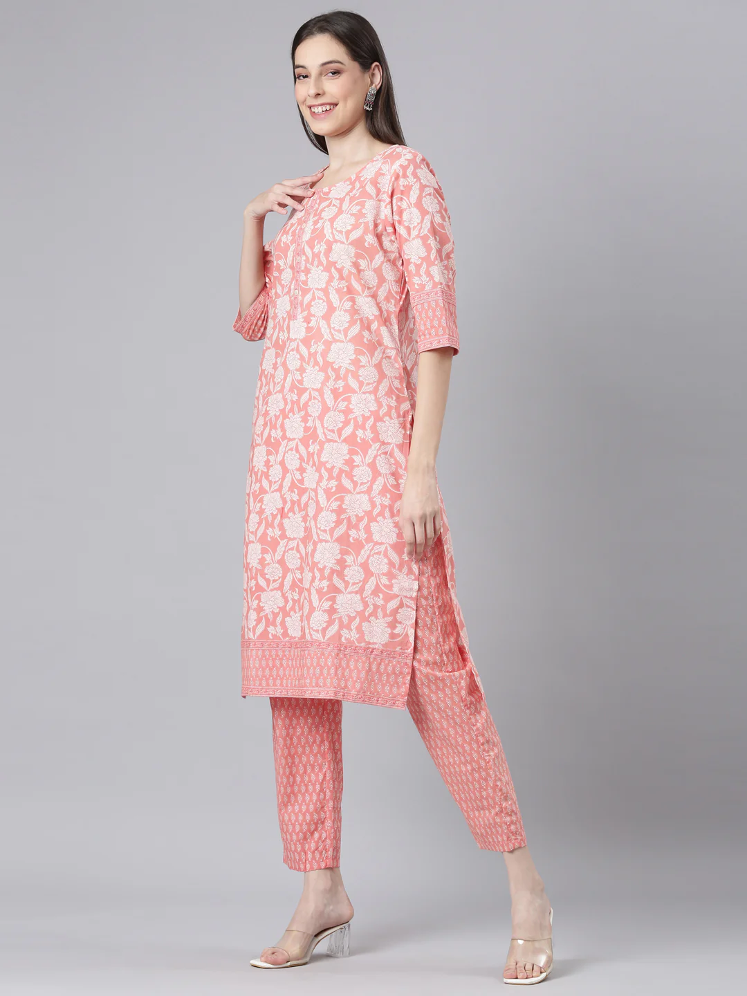 Neerus Orange Printed Straight Kurta and Trousers With Dupatta - Image 2