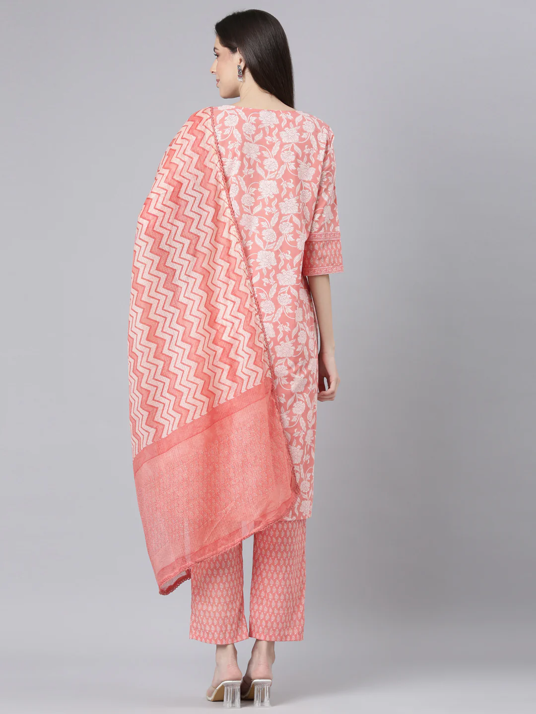 Neerus Orange Printed Straight Kurta and Trousers With Dupatta - Image 3