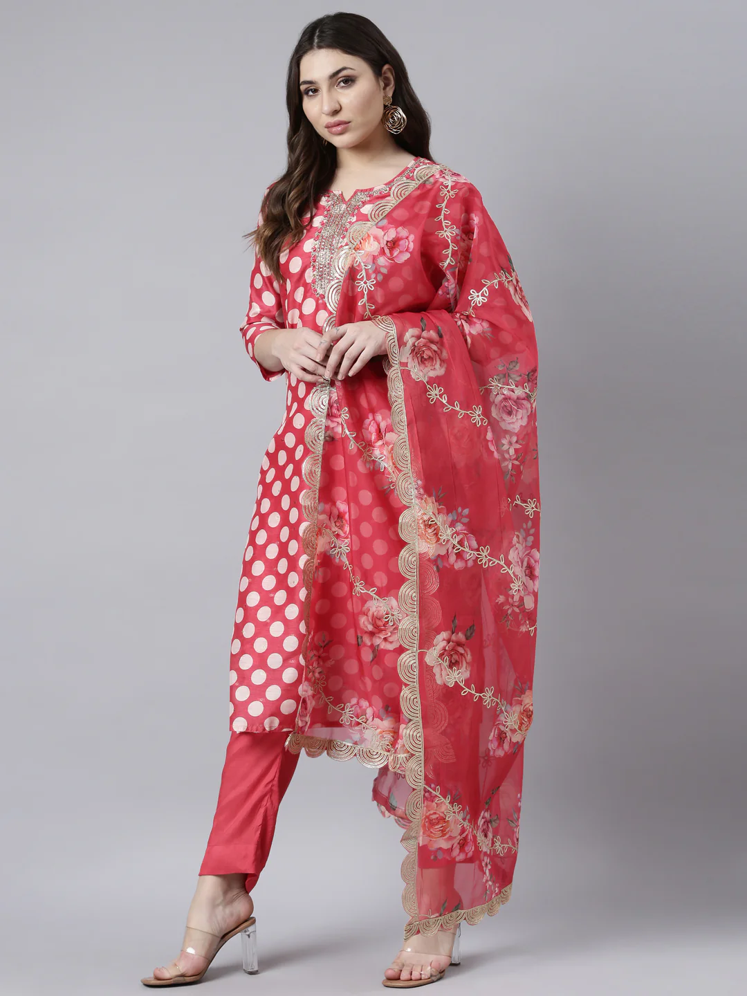 Neerus Orange Regular Straight Bandhani Kurta And Trousers With Dupatta - Image 5