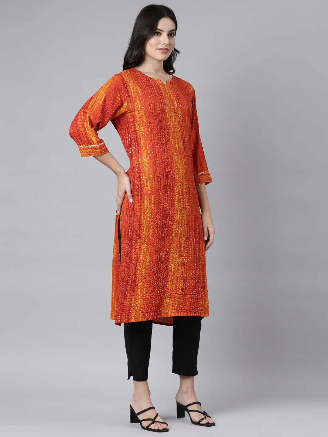 Neerus Orange Regular Straight Embellished Kurta - Image 2