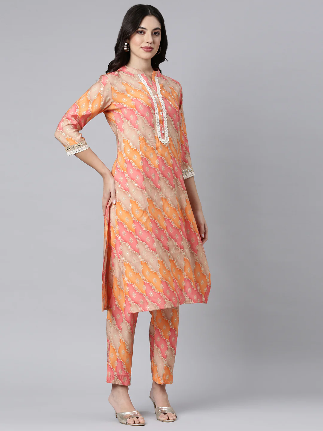 Neerus Orange Regular Straight Floral Kurta And Trousers - Image 2