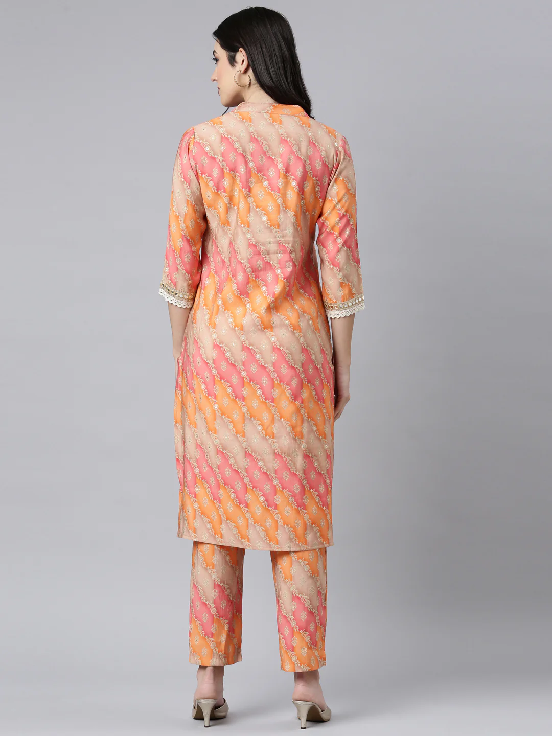 Neerus Orange Regular Straight Floral Kurta And Trousers - Image 3
