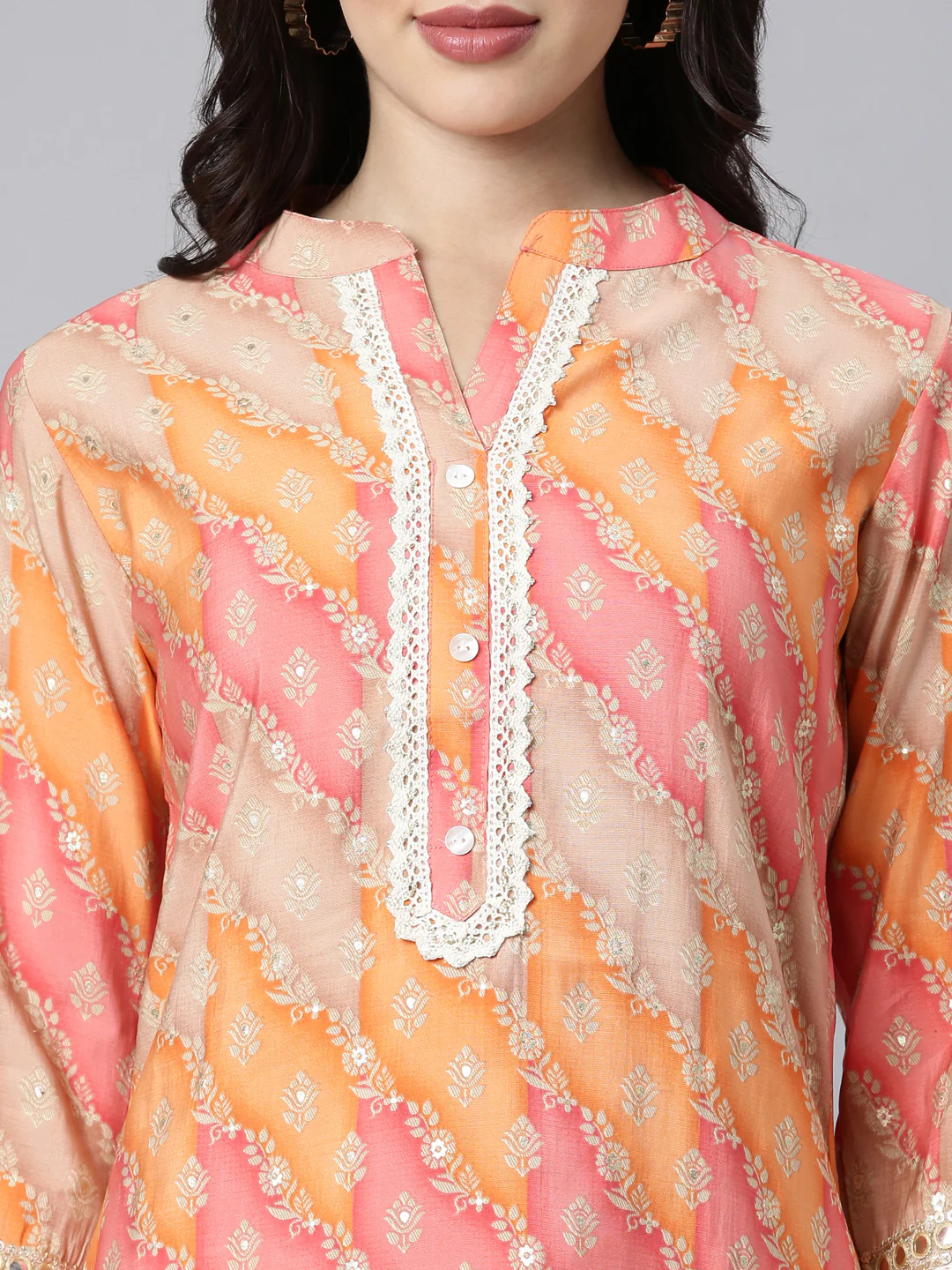 Neerus Orange Regular Straight Floral Kurta And Trousers - Image 4
