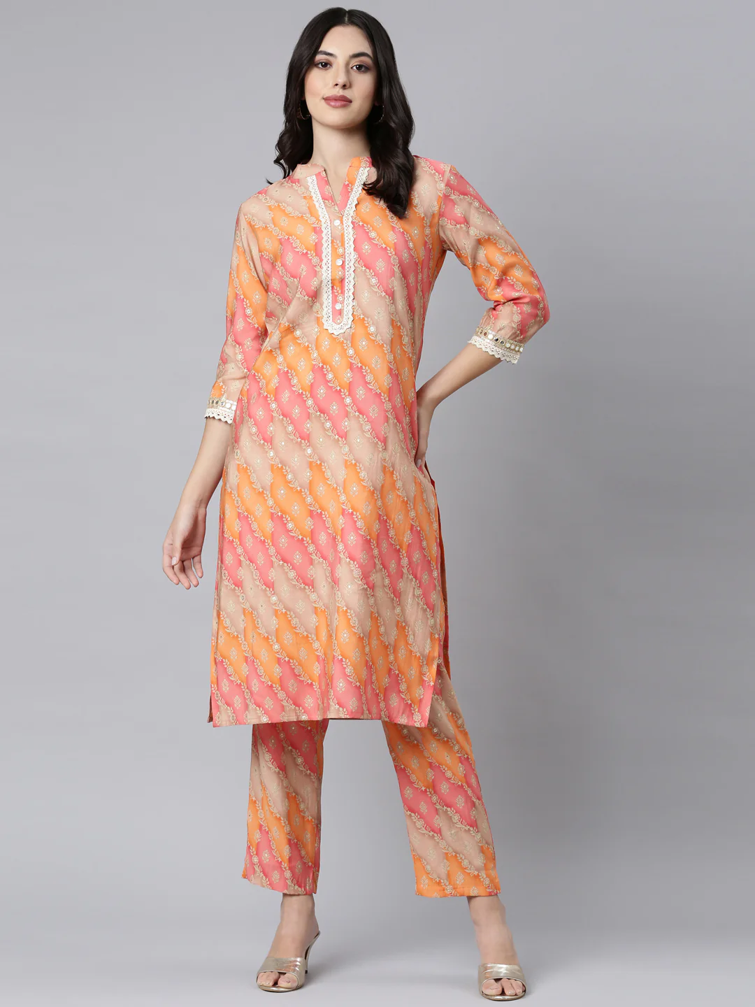 Neerus Orange Regular Straight Floral Kurta And Trousers - Image 5
