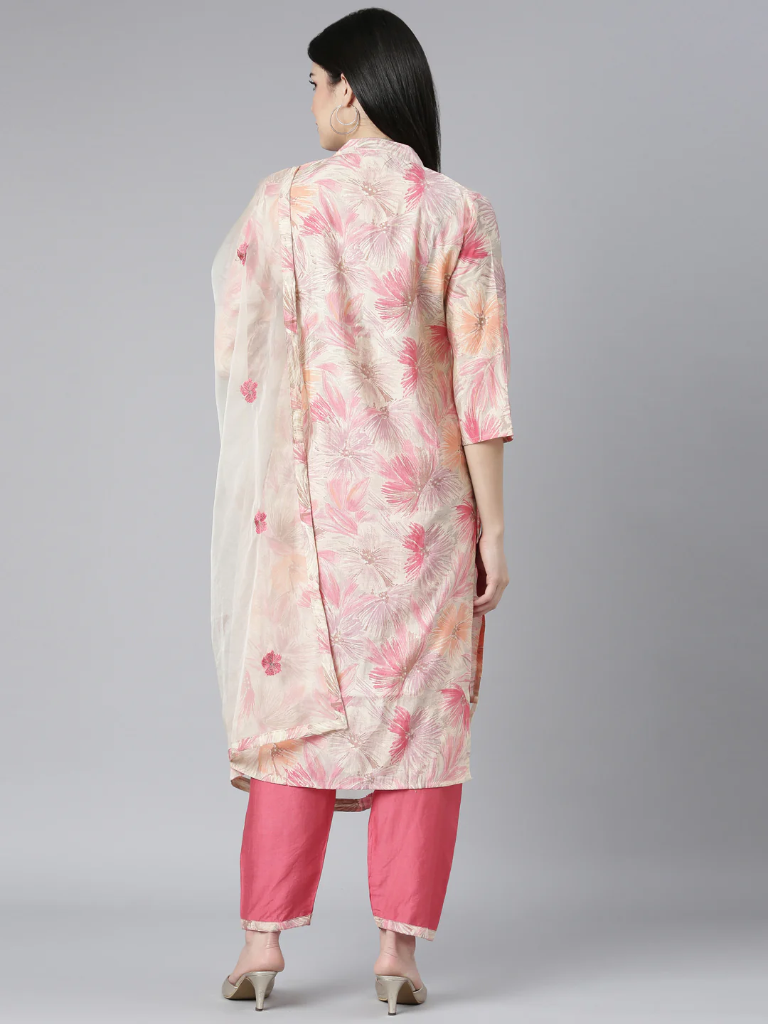 Neerus Orange Regular Straight Floral Kurta And Trousers With Dupatta - Image 3