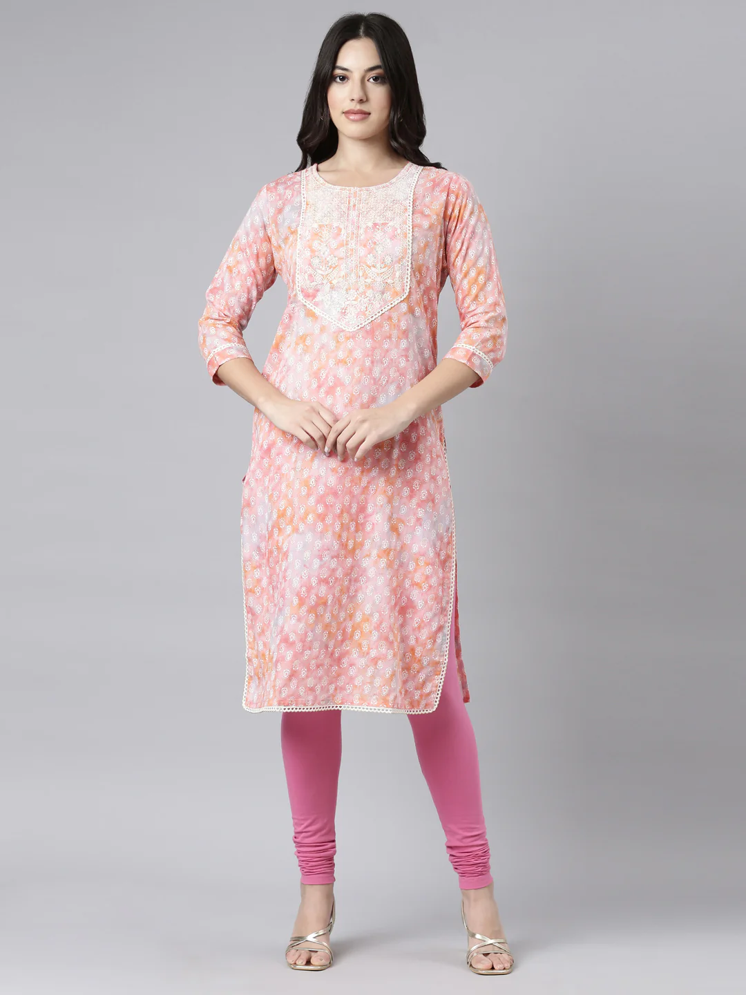 Neerus Orange Regular Straight Paisley Kurta