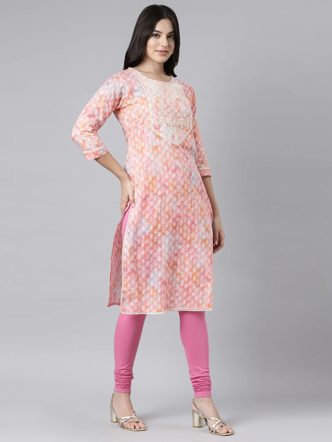 Neerus Orange Regular Straight Paisley Kurta - Image 2