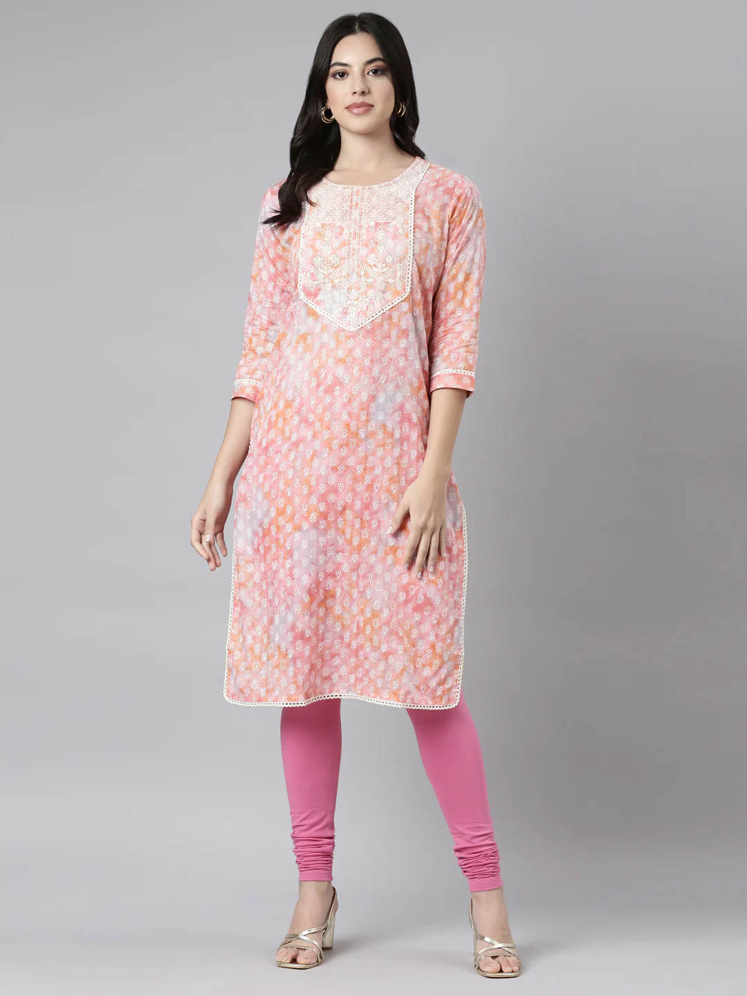 Neerus Orange Regular Straight Paisley Kurta - Image 5