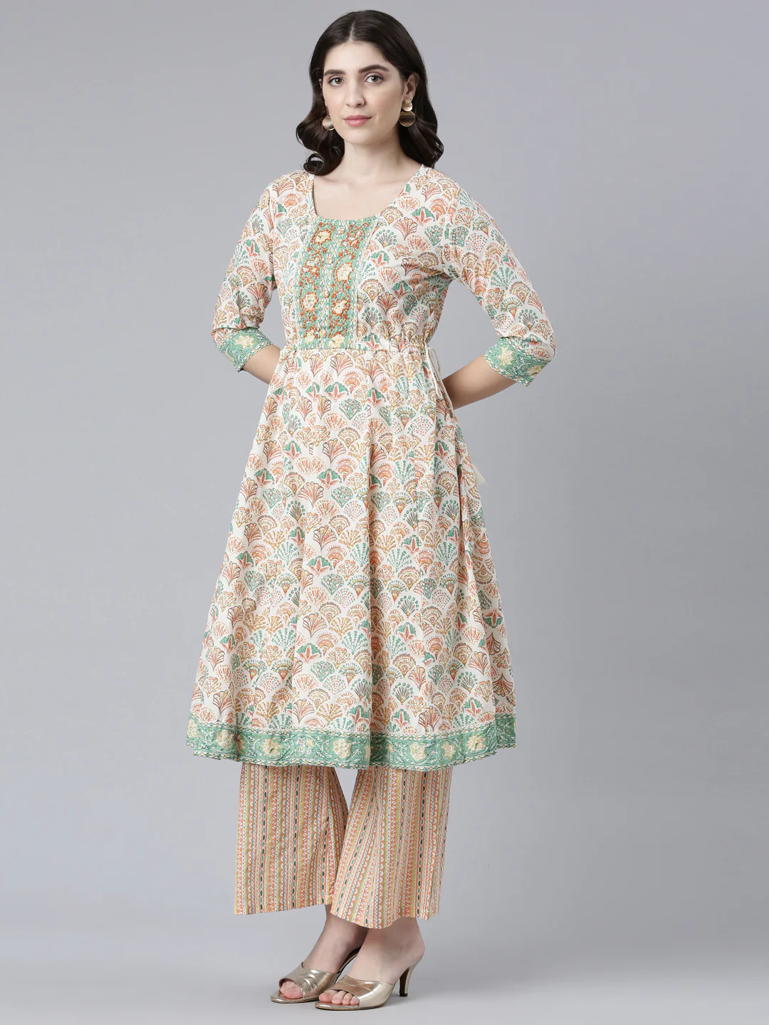 Neerus Orange Regular Straight Printed Kurta And Palazzos With Dupatta - Image 2