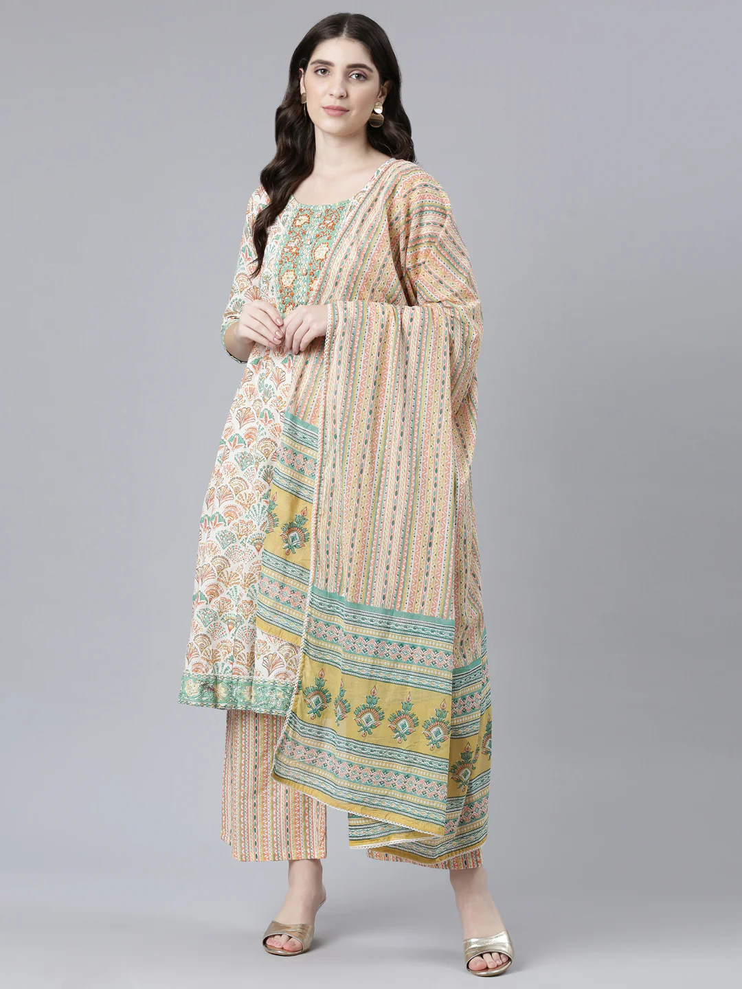 Neerus Orange Regular Straight Printed Kurta And Palazzos With Dupatta - Image 5