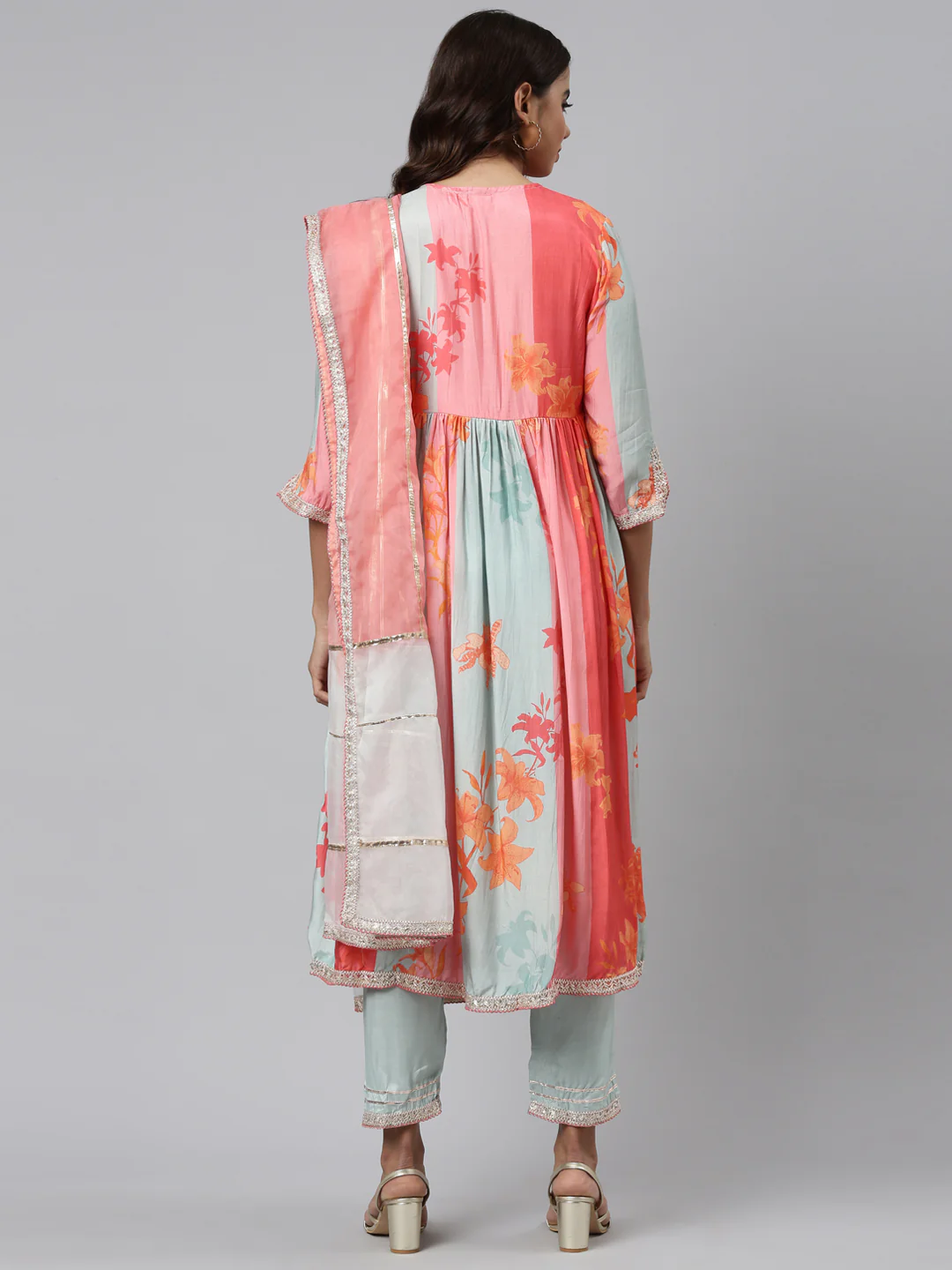 Neerus Orange Regular Straight Printed Kurta And Trousers With Dupatta - Image 3