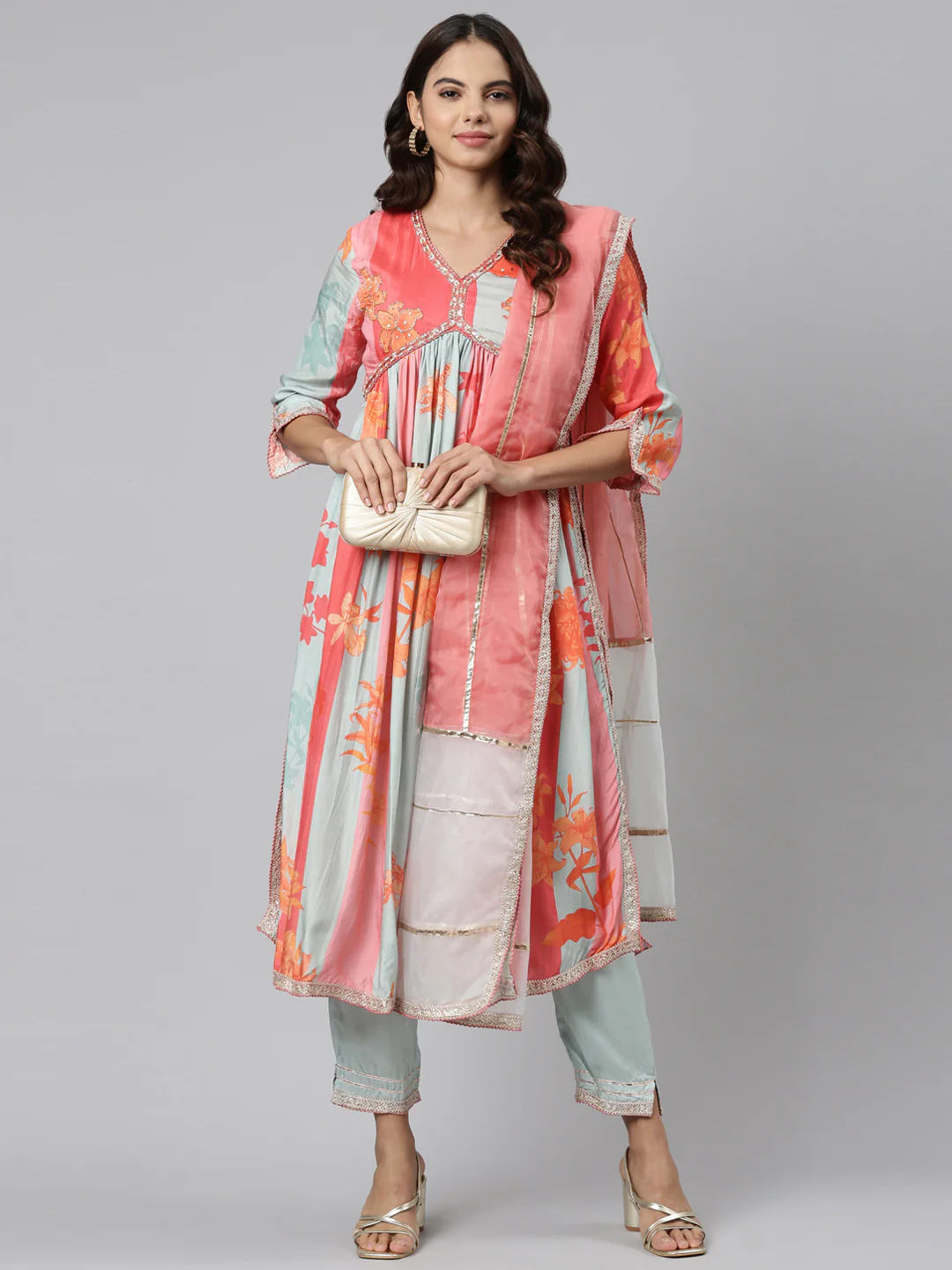 Neerus Orange Regular Straight Printed Kurta And Trousers With Dupatta - Image 5