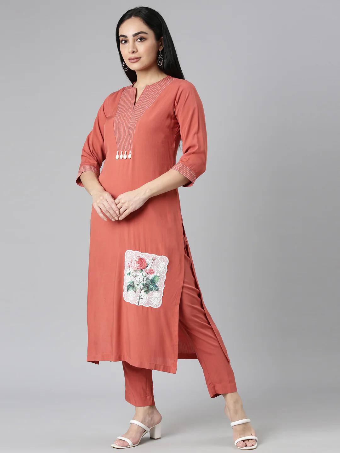 Neerus Orange Regular Straight Solid Kurta and Trousers - Image 2