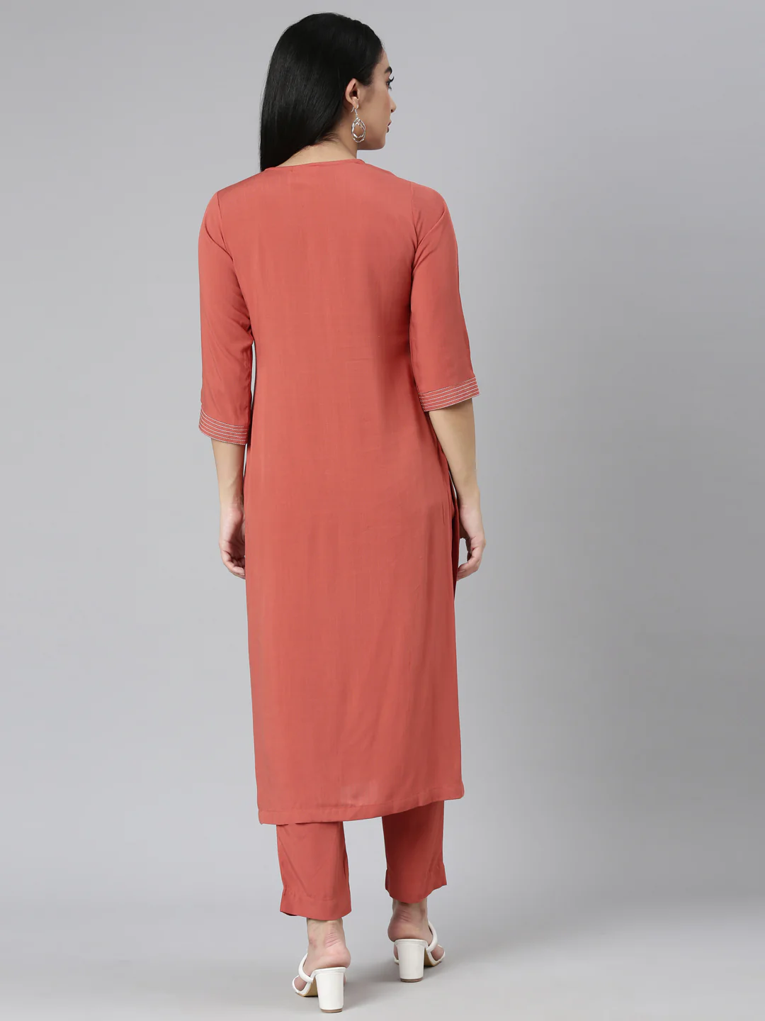 Neerus Orange Regular Straight Solid Kurta and Trousers - Image 3