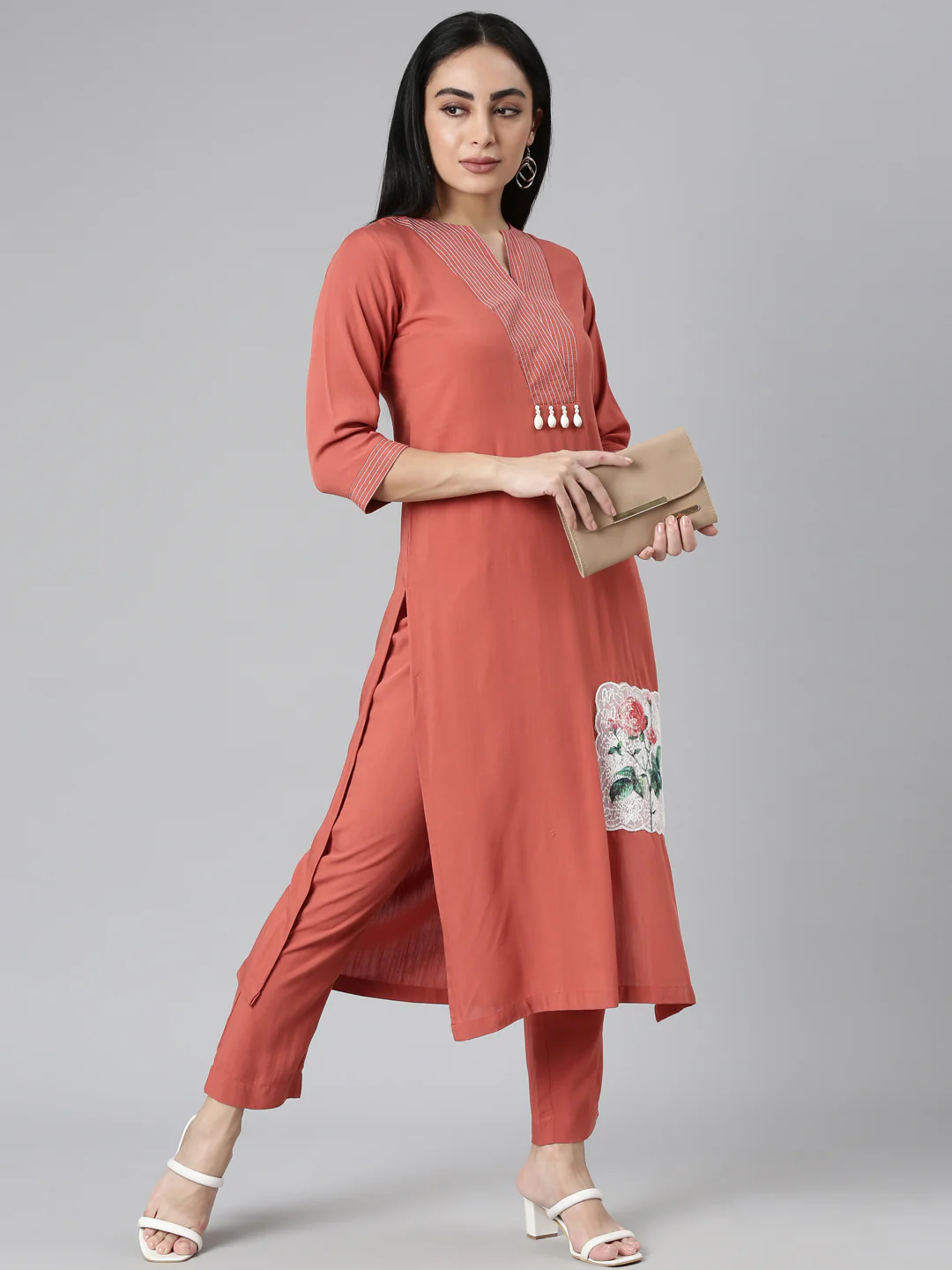 Neerus Orange Regular Straight Solid Kurta and Trousers - Image 5