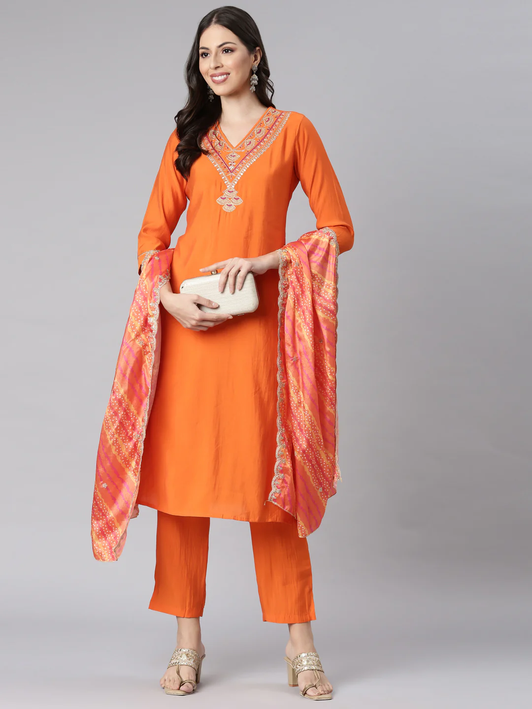 Neerus Orange Solid Straight Kurta and Trousers With Dupatta - Image 6