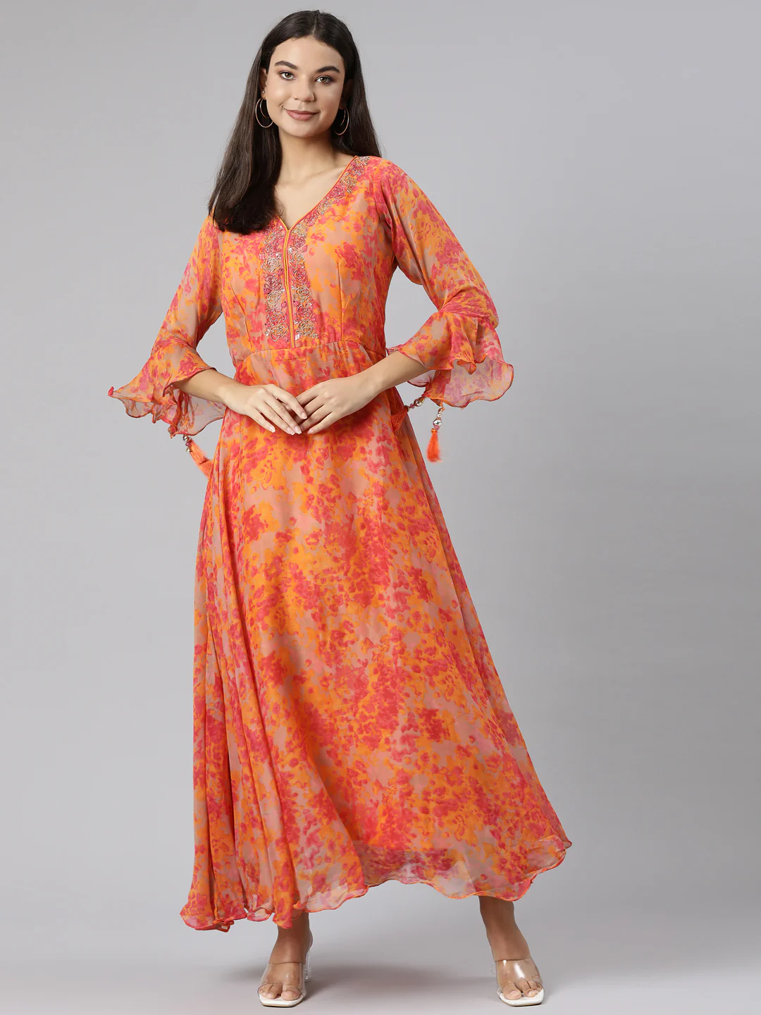 Neerus Orange Straight Casual Floral Dresses - Image 4