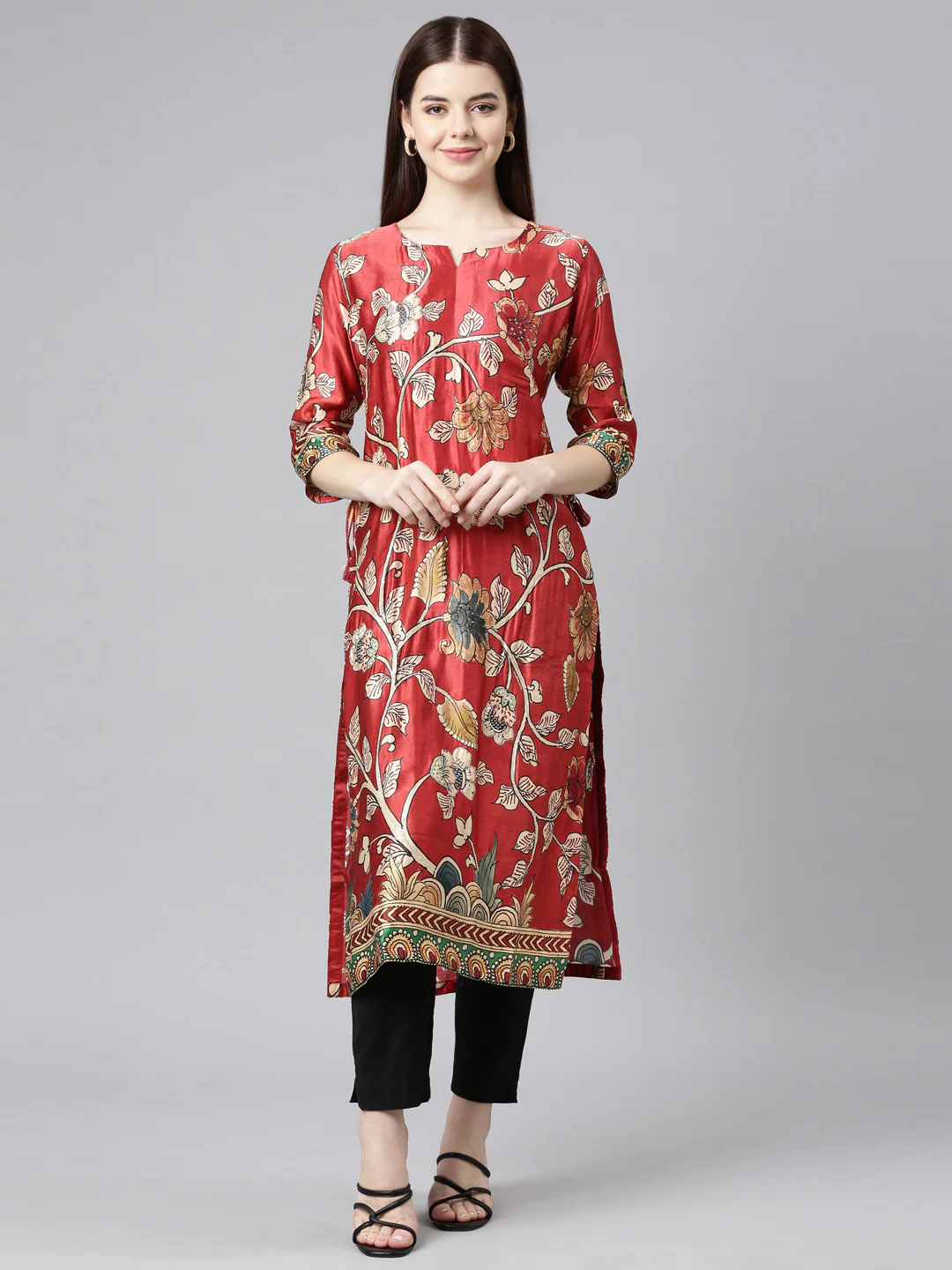 Neerus Orange Straight Casual Floral Straight Kurta