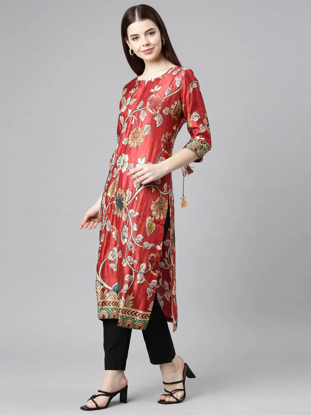 Neerus Orange Straight Casual Floral Straight Kurta - Image 2