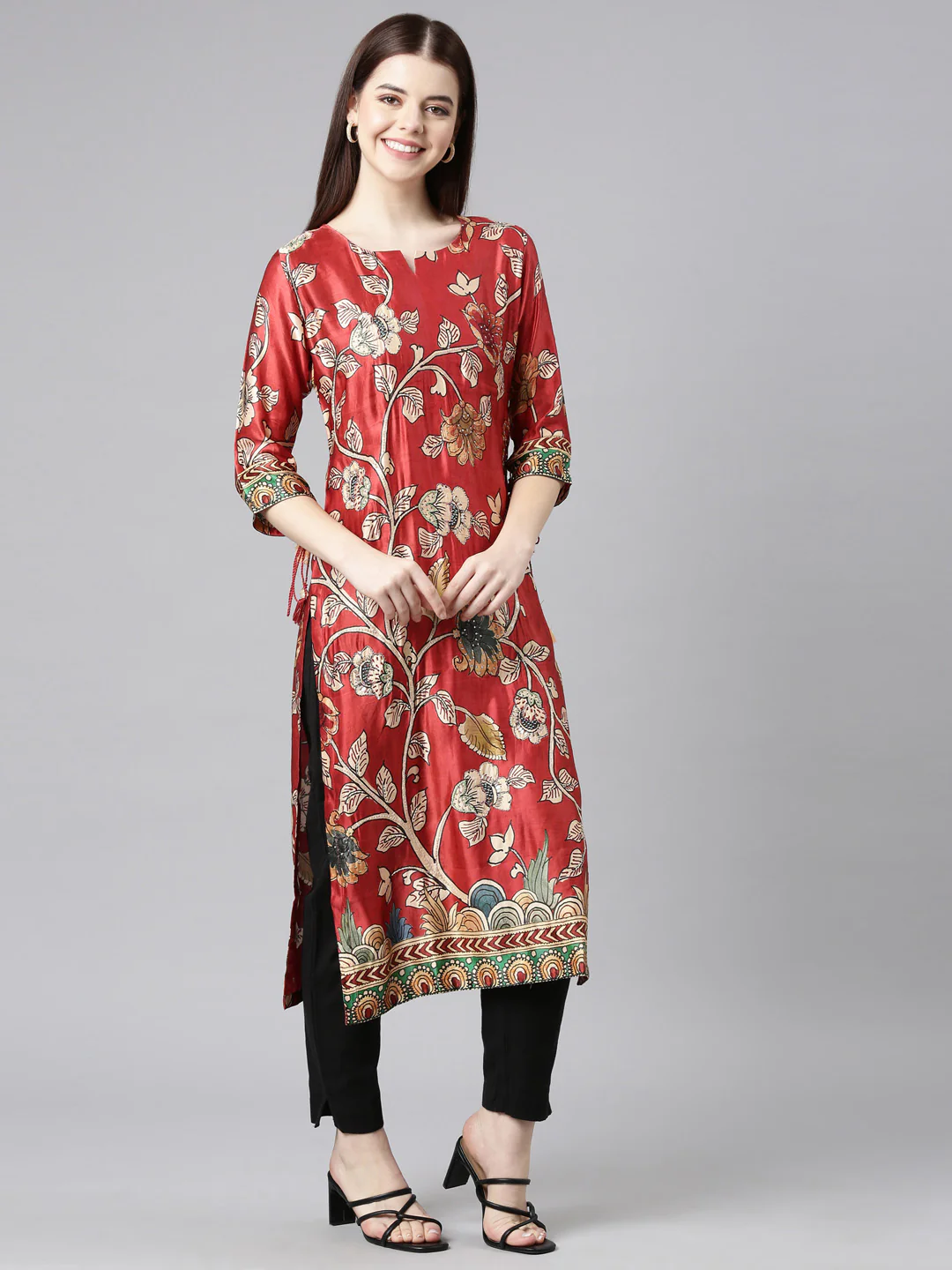 Neerus Orange Straight Casual Floral Straight Kurta - Image 3