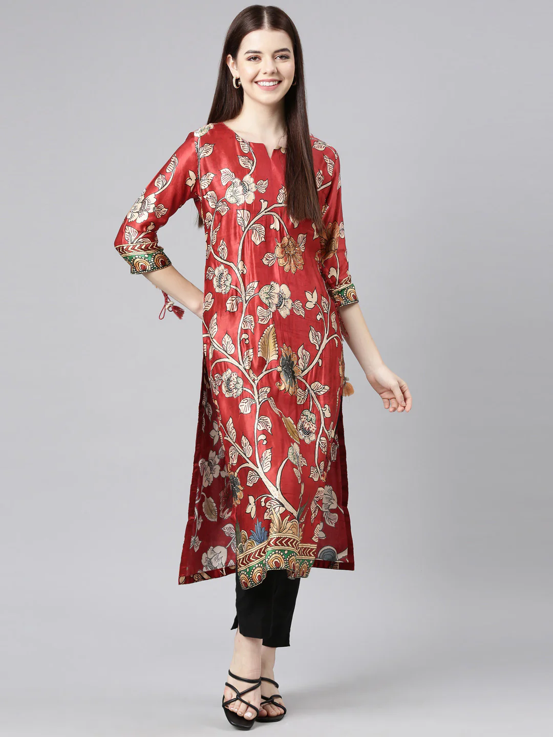 Neerus Orange Straight Casual Floral Straight Kurta - Image 8
