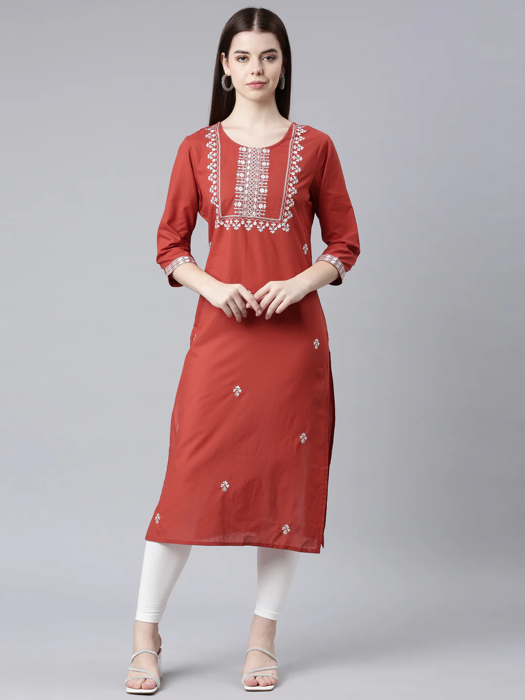 Neerus Orange Straight Casual Floral Straight Kurta