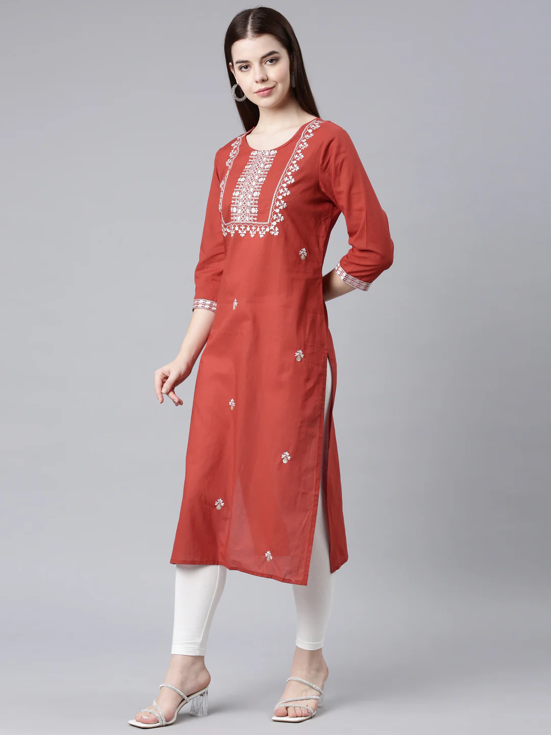 Neerus Orange Straight Casual Floral Straight Kurta - Image 2