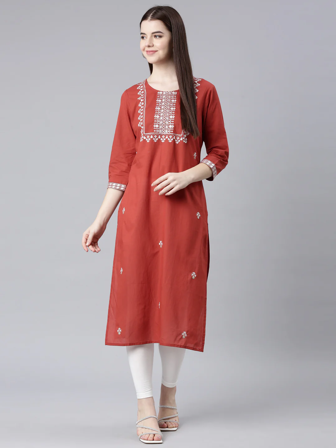 Neerus Orange Straight Casual Floral Straight Kurta - Image 7