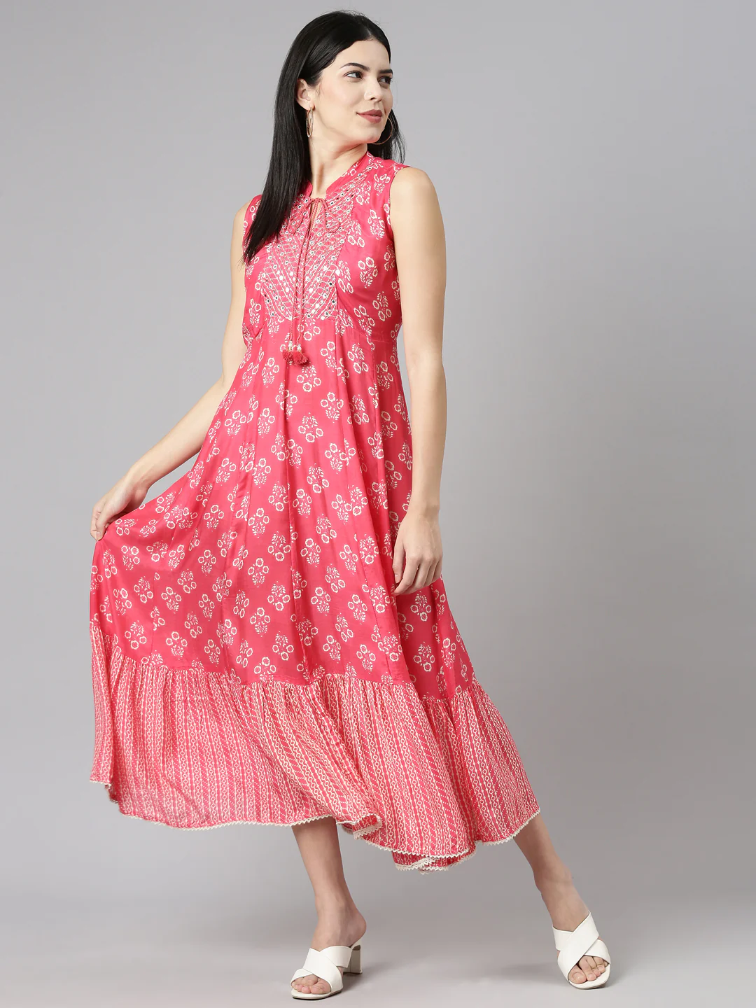 Neerus Pink Straight Casual Printed Dress - Image 5