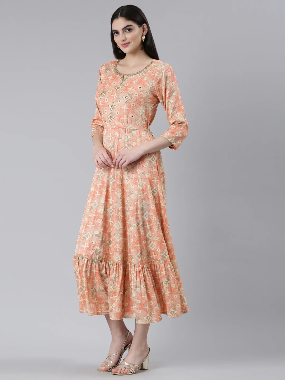 Neerus Orange Straight Casual Printed Dress - Image 2