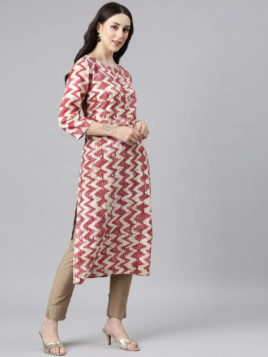 Neerus Orange Straight Casual Striped Kurta - Image 2