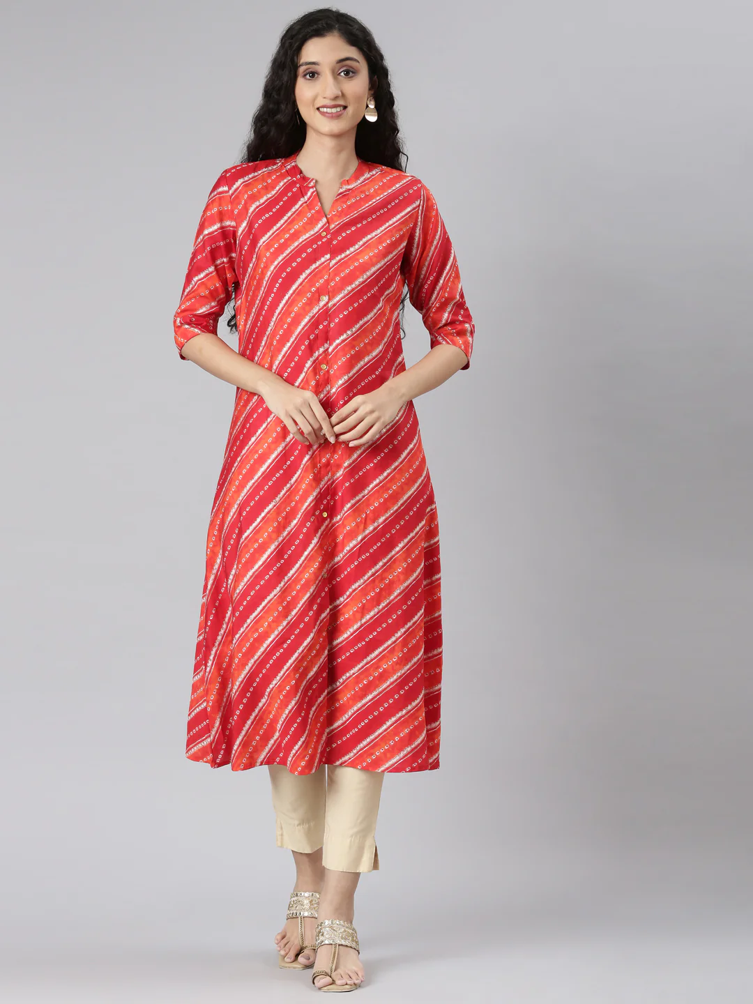 Neerus Orange Straight Casual Striped Straight Kurta