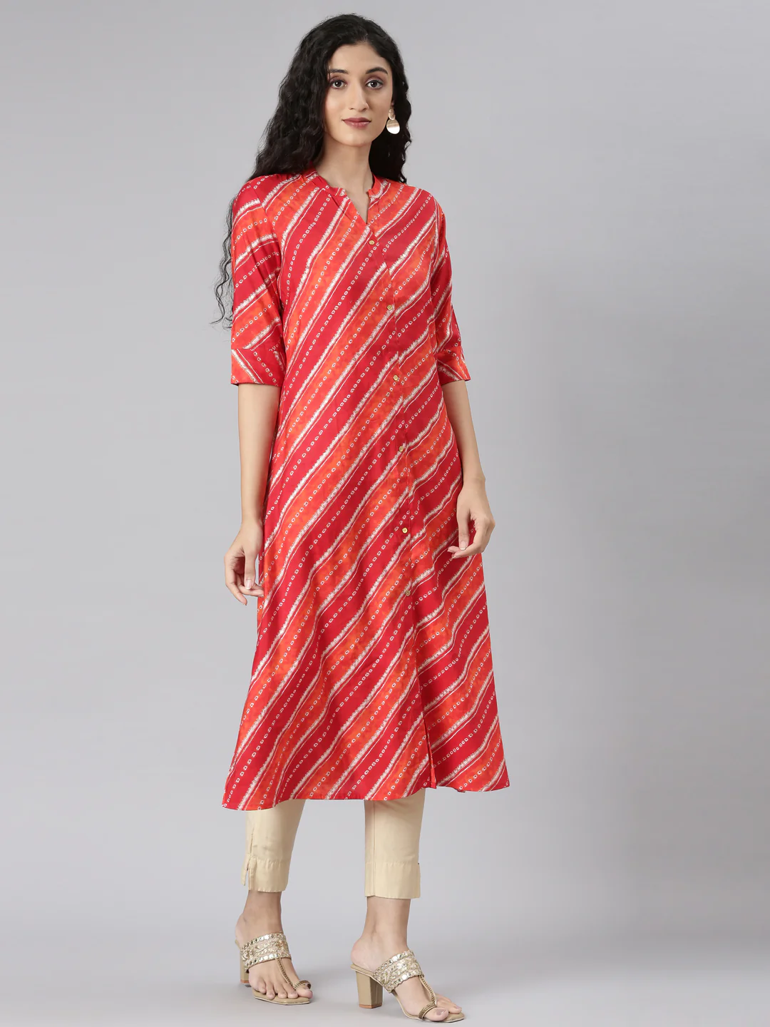 Neerus Orange Straight Casual Striped Straight Kurta - Image 3