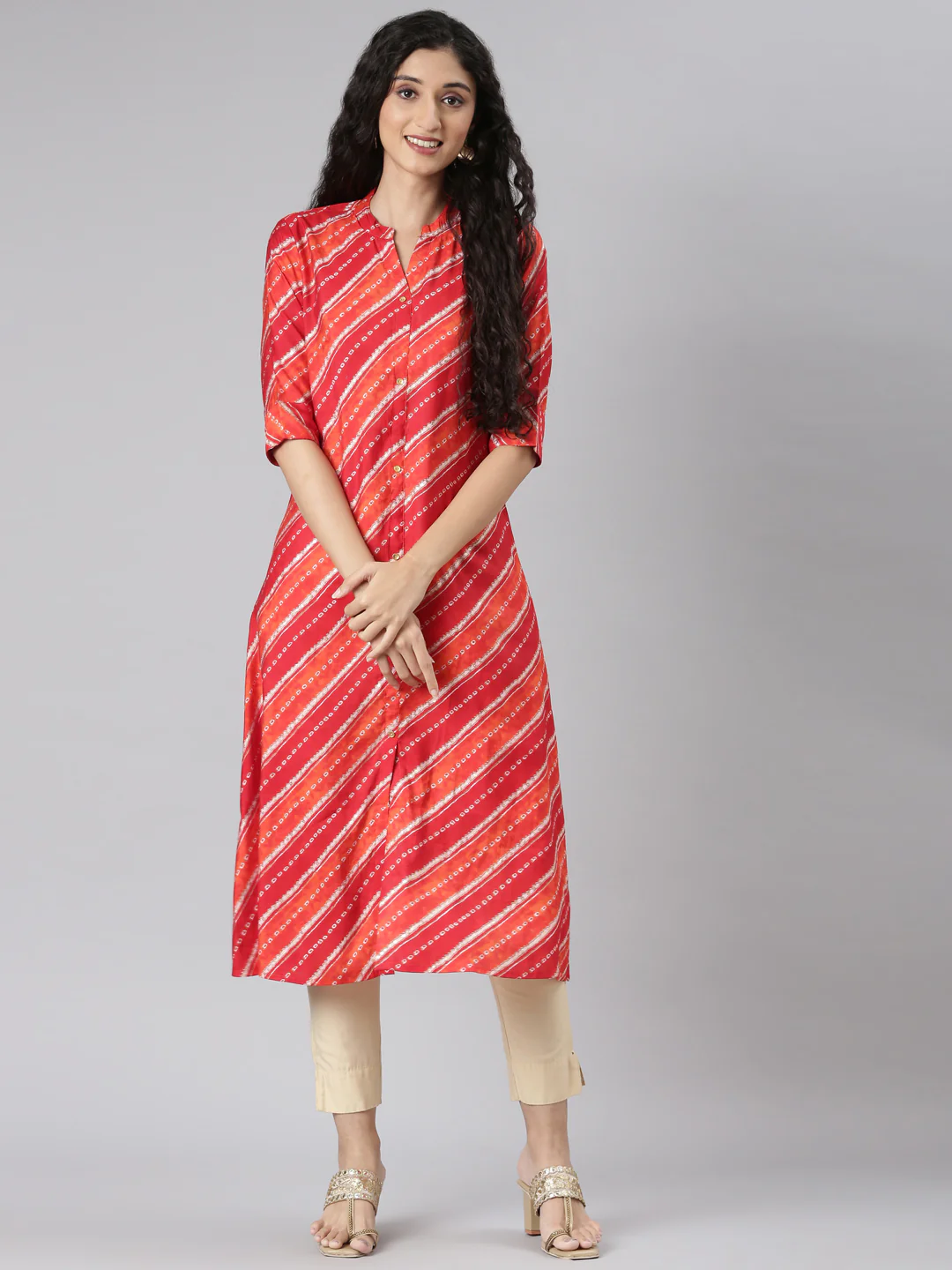 Neerus Orange Straight Casual Striped Straight Kurta - Image 6