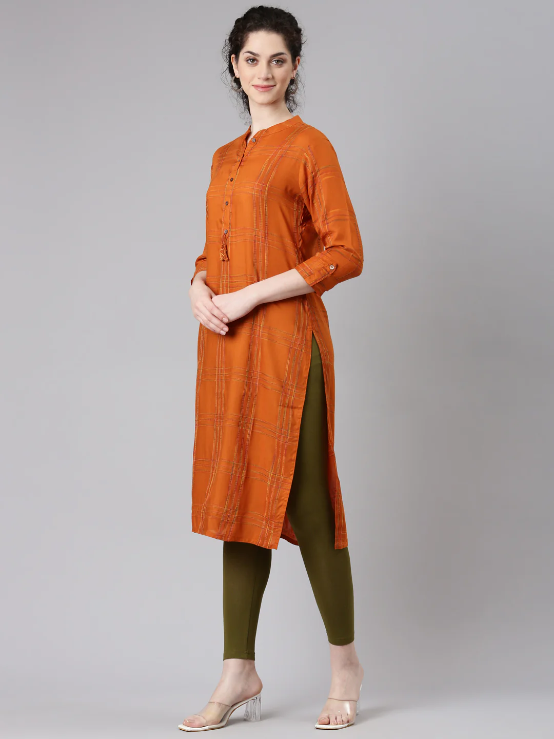 Neerus Orange Straight Casual Striped Kurta - Image 2