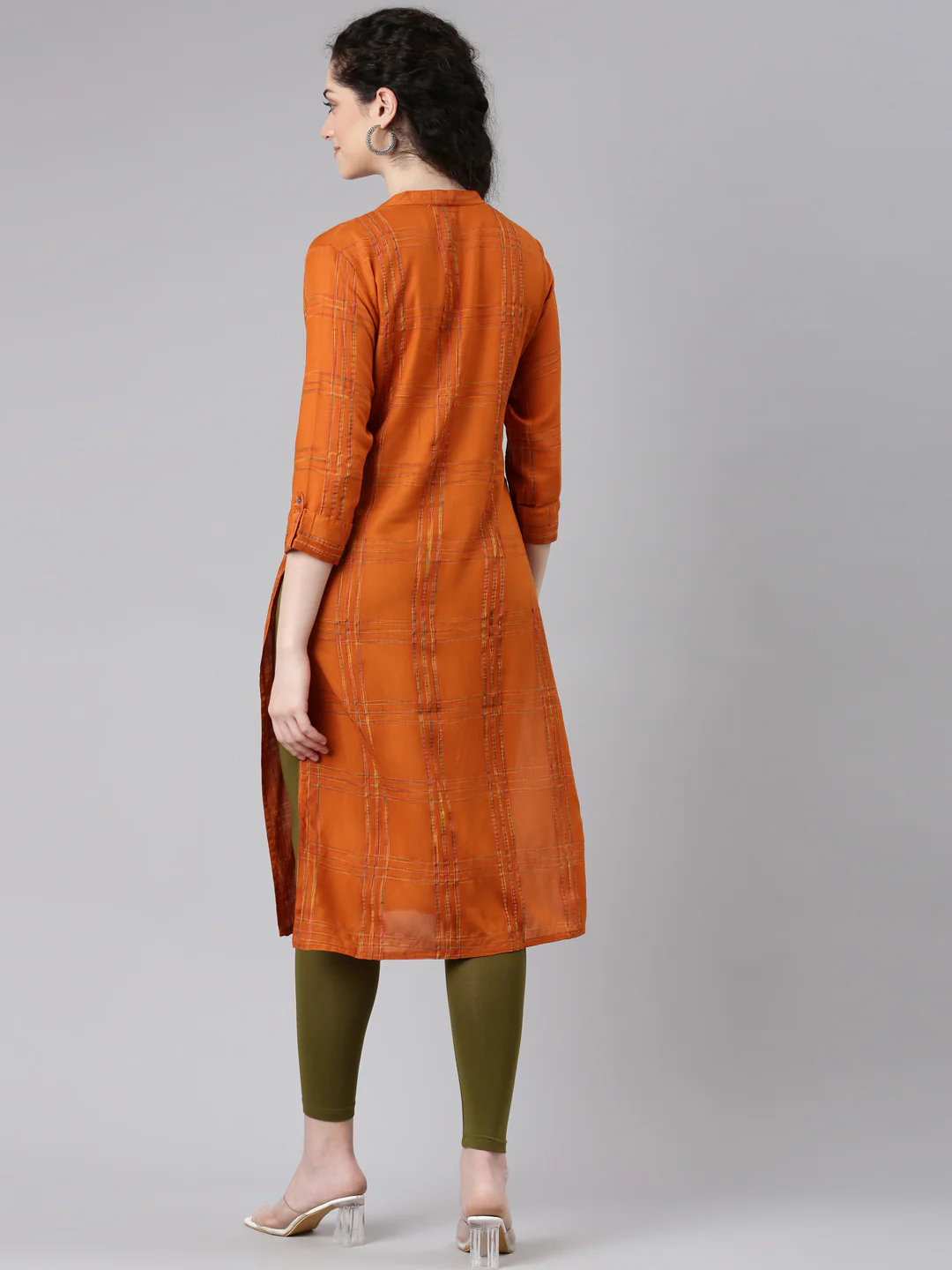 Neerus Orange Straight Casual Striped Kurta - Image 3