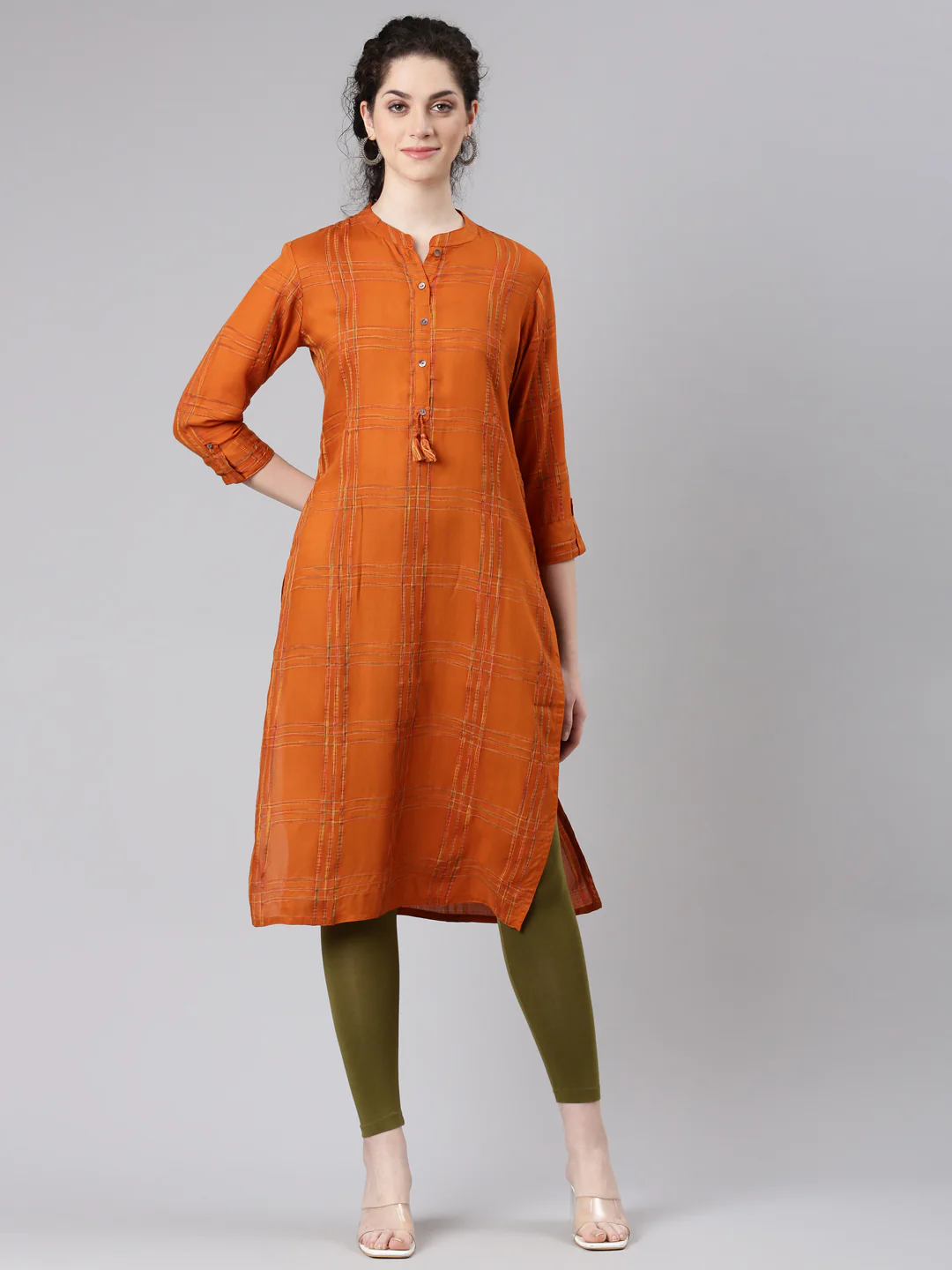 Neerus Orange Straight Casual Striped Kurta - Image 5