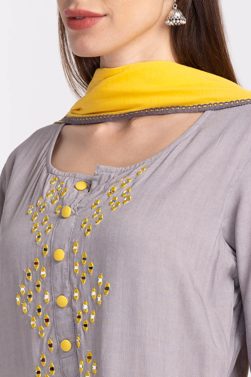 Neerus Panelled Mirror Work Kurta with Trousers and Dupatta - Image 4