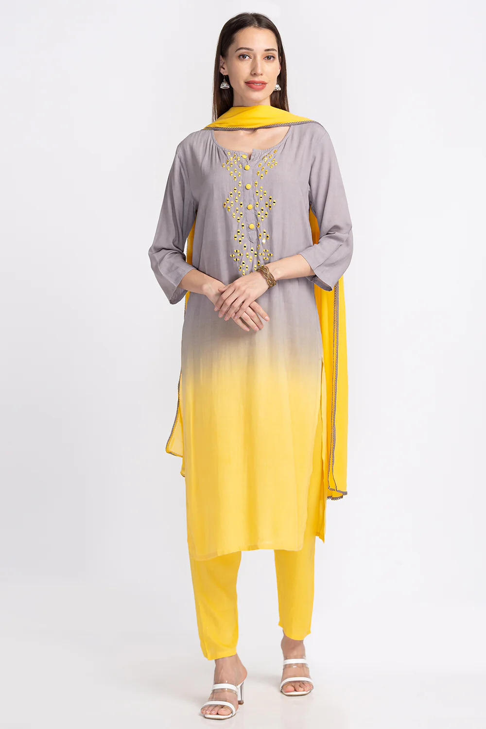 Neerus Panelled Mirror Work Kurta with Trousers and Dupatta - Image 5