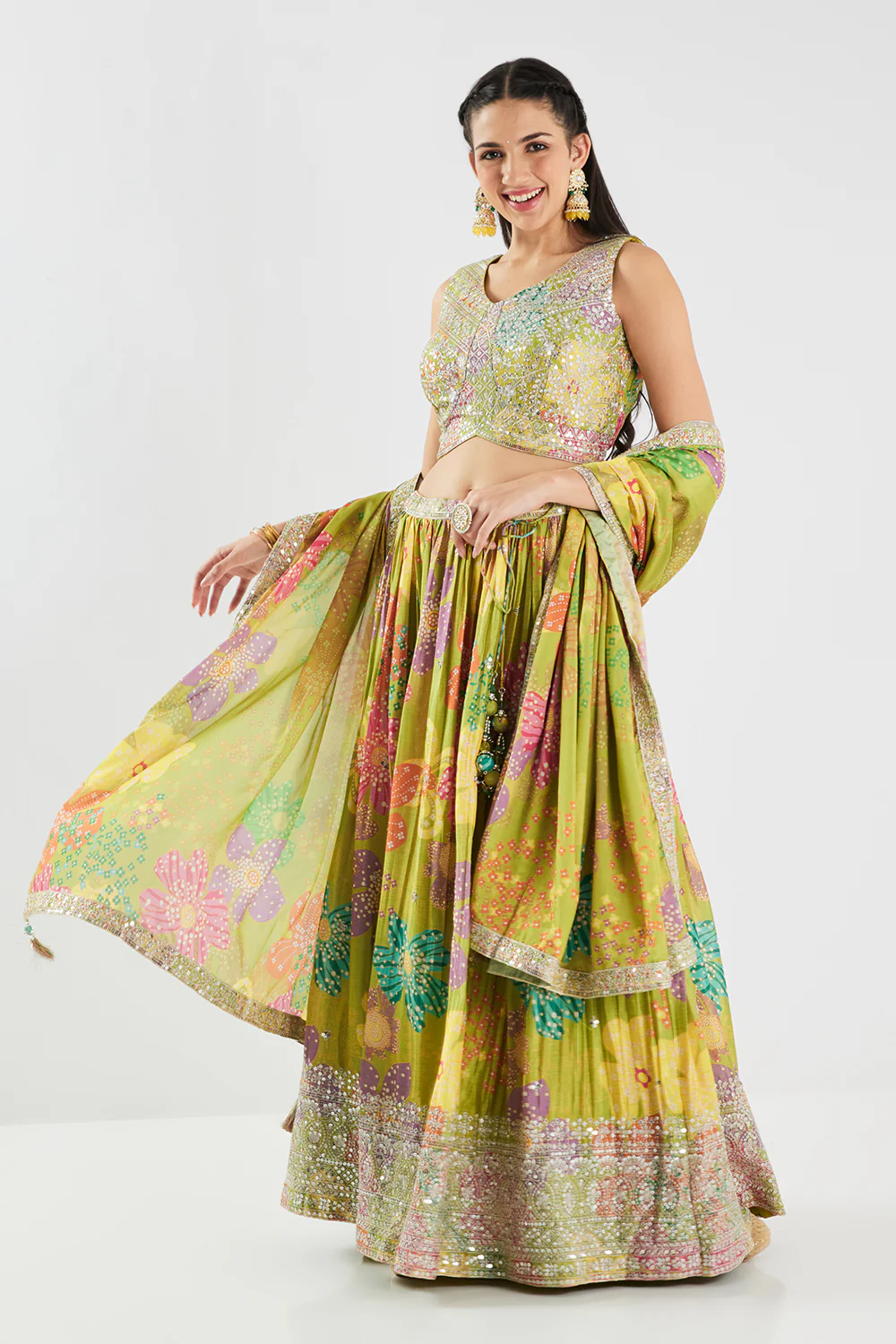 Neerus Parrot Green Sequence Work Chinon Fabric Ghagra Set - Image 3