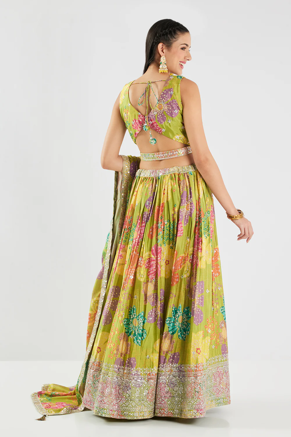 Neerus Parrot Green Sequence Work Chinon Fabric Ghagra Set - Image 4
